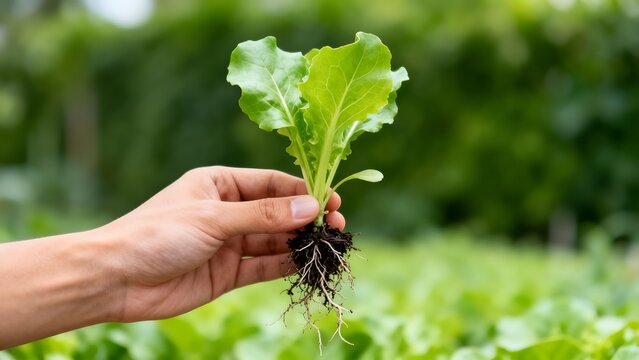 Hand holding young plant with roots