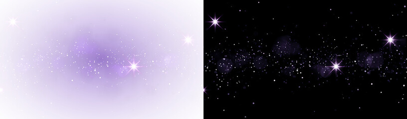 Glowing purple light particles and shimmering starbursts create a magical abstract effect with radiant sparkle and luminous energy. Isolated on transparent background. PNG image. © lolita PnG
