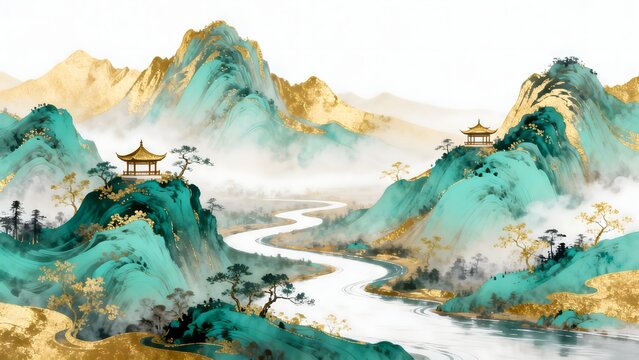 Traditional Asian landscape with mountains river and pavilions