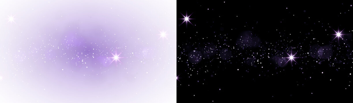 Glowing purple light particles and shimmering starbursts create a magical abstract effect with radiant sparkle and luminous energy. Isolated on transparent background. PNG image.