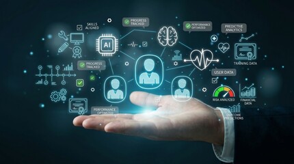 Fototapeta premium Businessman holding virtual hologram icon of smart healthcare management system predictive analytics AI