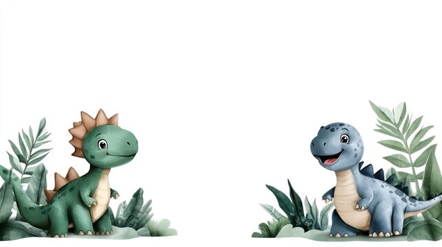 Cute dinosaurs with jungle plants illustration