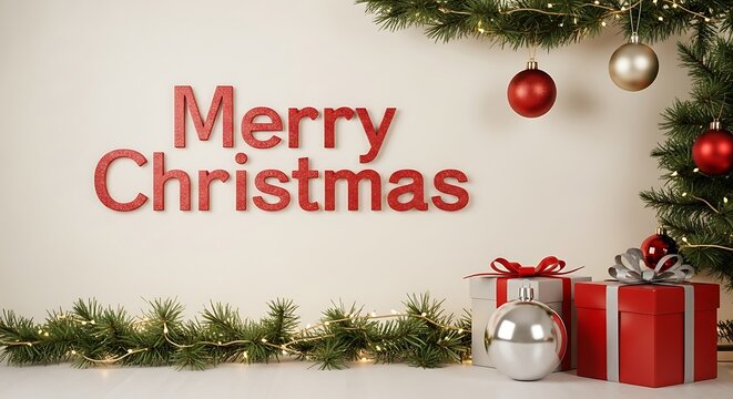 Festive christmas scene with 'merry christmas' text presents and holiday decorations