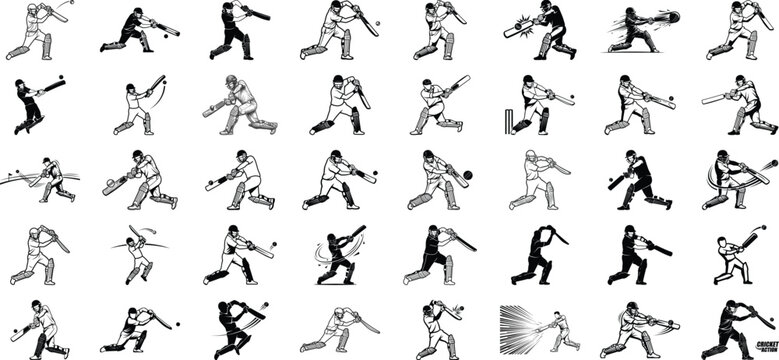 Black and white silhouette collection of baseball players batting with baseball swinging training