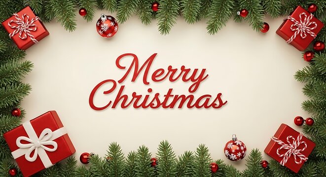 Festive christmas border with gifts and evergreen branches holiday greeting