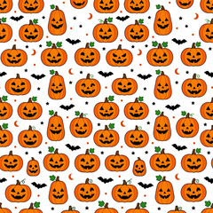 Obraz premium Halloween pumpkin faces pattern seamless background in bright orange and white colors