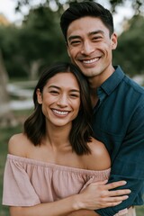 Naklejka premium Joyful smiling couple close up portrait outdoors with arms around each other for romantic relationship portrait and profile background