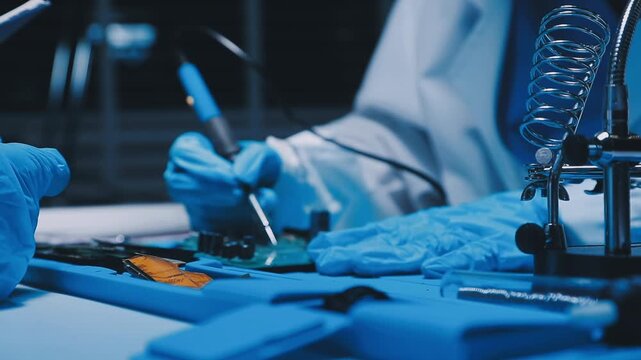 Professional technician soldering PCB circuit board with precision tools in electronics lab, showcasing hardware engineering, manufacturing, repair