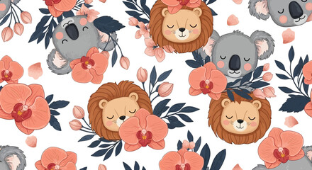 Obraz premium Animals Seamless Pattern Featuring Sleepy Koalas and Lions Nestled Among Pink Orchids and Foliage