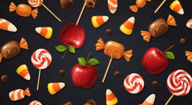 Candy Halloween Seamless Pattern Featuring a Variety of Sweets and Treats on a Dark Background Perfect for Festive Seasonal Designs