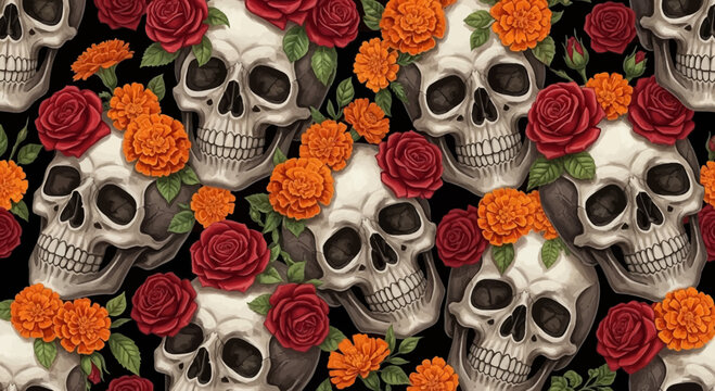 Skulls Pattern with Red Roses and Orange Marigold Flowers on a Black Background for Decorative Textiles