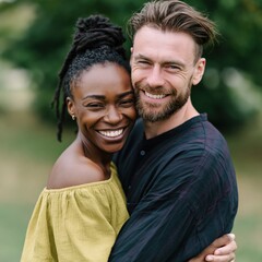 Fototapeta premium Closeup portrait of a joyful interracial couple hugging and smiling in a park for romantic background and lifestyle banner use