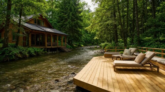 Luxury Wooden Cabin with Riverside Deck and Lounge Chairs Nestled in a Lush Green Forest Environment