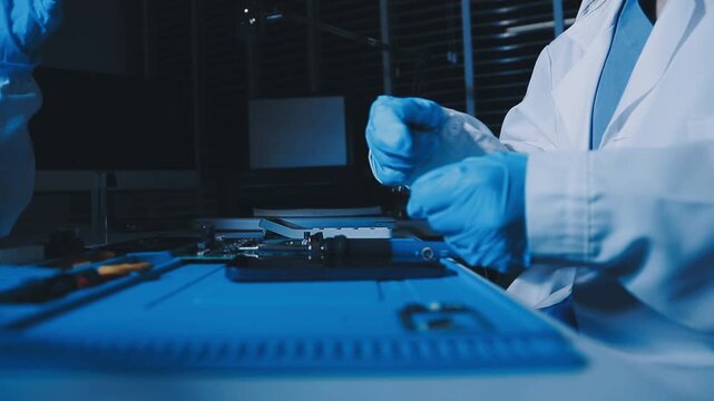 Professional technician soldering PCB circuit board with precision tools in electronics lab, showcasing hardware engineering, manufacturing, repair