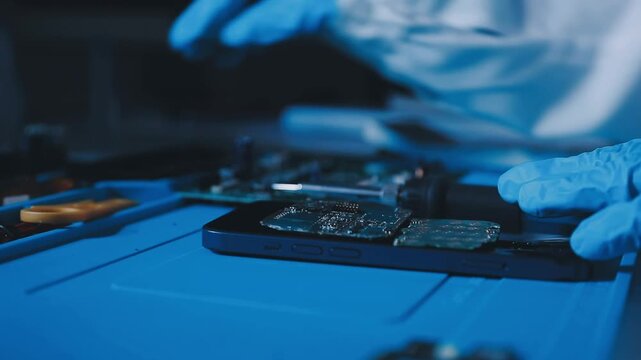 Professional technician soldering PCB circuit board with precision tools in electronics lab, showcasing hardware engineering, manufacturing, repair