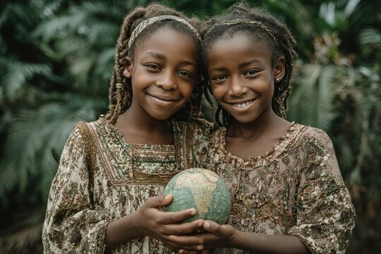Two African girls holding a globe, smiling with nature background, symbol of global unity and peace, digital AI render