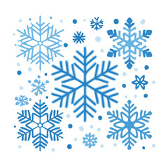 Fototapeta premium Collection of blue snowflakes and snow dots on white background