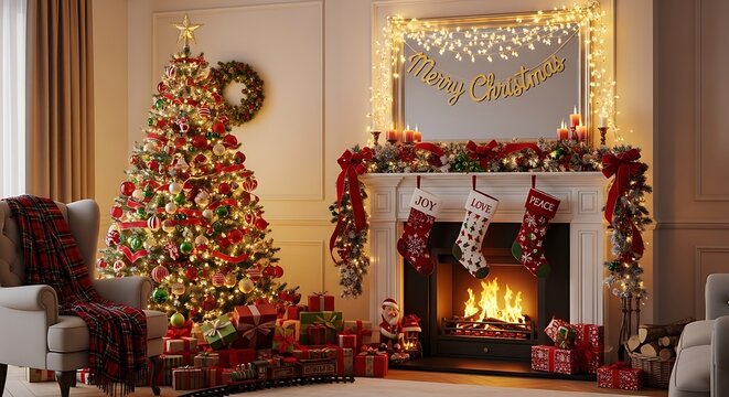 Festive christmas living room with decorated tree fireplace and holiday gifts
