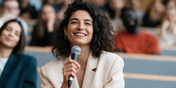 Smiling attendee asking a question with a microphone at a lecture for conference banner and event background