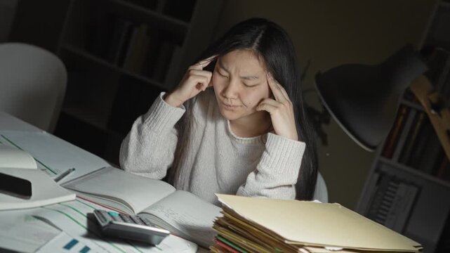 Young woman studying with open book, fingers to temples at a desk in a building; stress study fatigue.