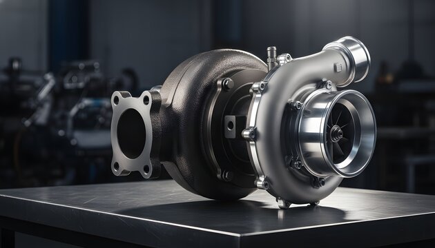 Modern high performance marine engine turbocharger on a metal workshop table, representing speed power boost and mechanical engineering concept with clean industrial details