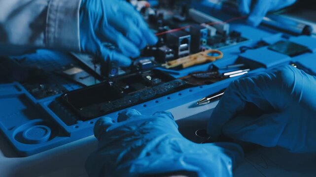 Professional technician soldering PCB circuit board with precision tools in electronics lab, showcasing hardware engineering, manufacturing, repair