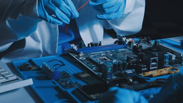 Professional technician soldering PCB circuit board with precision tools in electronics lab, showcasing hardware engineering, manufacturing, repair