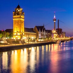 Fototapeta premium A serene cityscape at dusk featuring a historic tower and a modern spire by a calm body of water