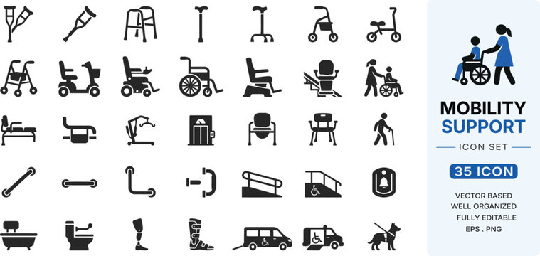 Mobility support icon set 35 vector icons for accessibility and disability needs