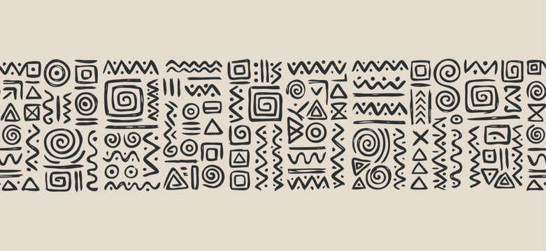 Mudcloth tribal folk ink stroke handdrawn vector surface pattern. Charcoal geometric symbols on oatmeal background for craft food packaging, coffee bag and chocolate label design.