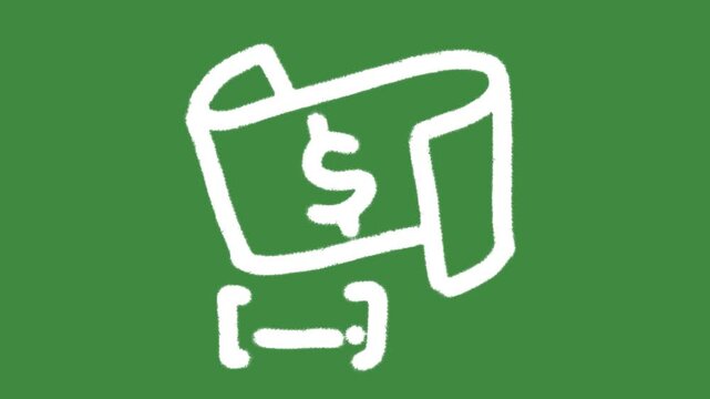 Dollar invoice receipt scroll hand-drawn cartoon graphic with chalk outline money bill icon isolated on green screen background for digital payment and financial transaction line art element concept.