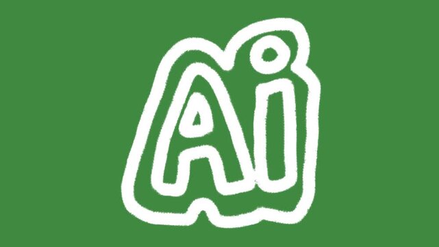 Artificial Intelligence AI lettering hand-drawn cartoon graphic with chalk outline machine learning icon isolated on green screen background for smart technology and automation line art element.