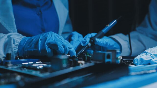 Professional technician soldering PCB circuit board with precision tools in electronics lab, showcasing hardware engineering, manufacturing, repair