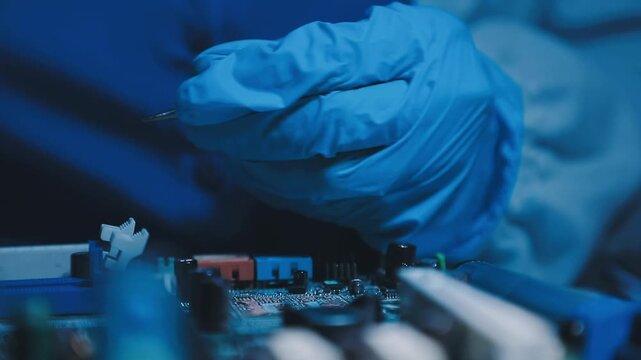 Professional technician soldering PCB circuit board with precision tools in electronics lab, showcasing hardware engineering, manufacturing, repair