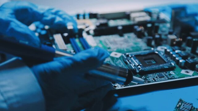 Professional technician soldering PCB circuit board with precision tools in electronics lab, showcasing hardware engineering, manufacturing, repair