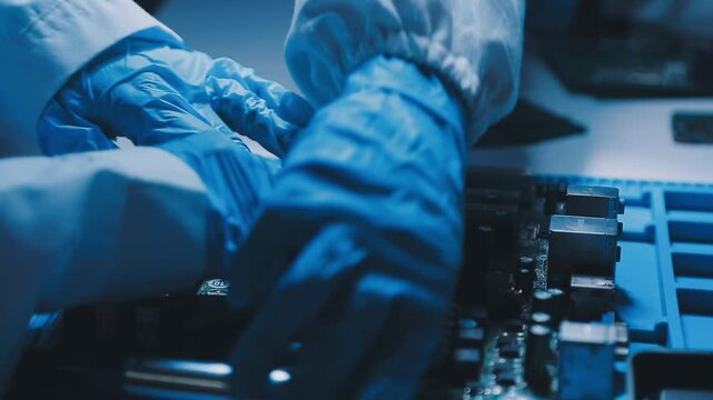 Professional technician soldering PCB circuit board with precision tools in electronics lab, showcasing hardware engineering, manufacturing, repair