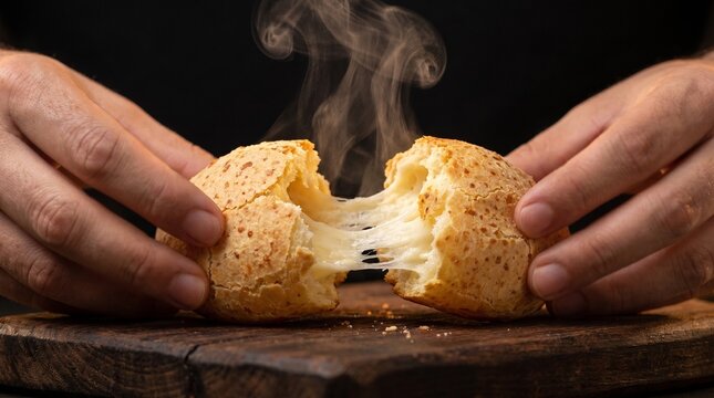 A warm, cheesy delight being pulled apart, revealing a gooey center and releasing a wisp of steam. The golden-brown crust hints at a delicious baked treat
