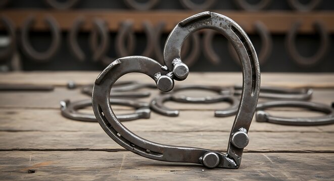 Handcrafted horseshoe heart sculpture on wooden surface with blacksmith tools