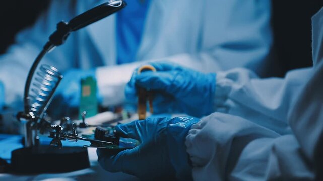Professional technician soldering PCB circuit board with precision tools in electronics lab, showcasing hardware engineering, manufacturing, repair