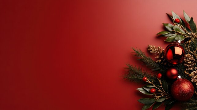 Red Christmas ornaments and pine branches
