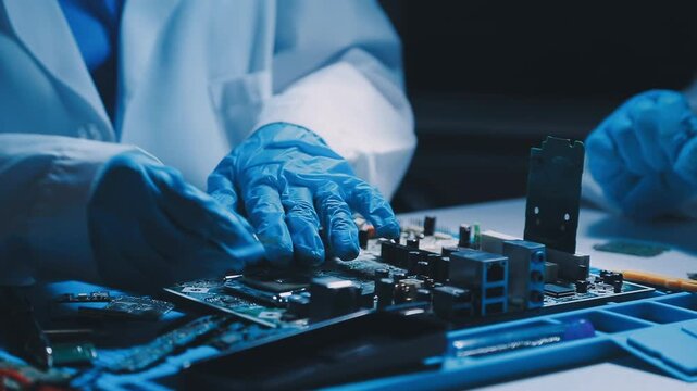 Professional technician soldering PCB circuit board with precision tools in electronics lab, showcasing hardware engineering, manufacturing, repair