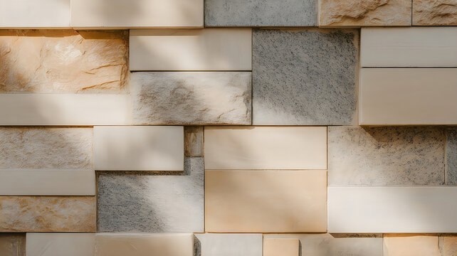 A close-up architectural photograph of a beige and gray stone brick wall with shadows