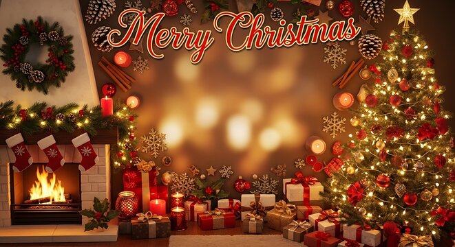 Festive christmas scene with fireplace tree and gifts holiday decor