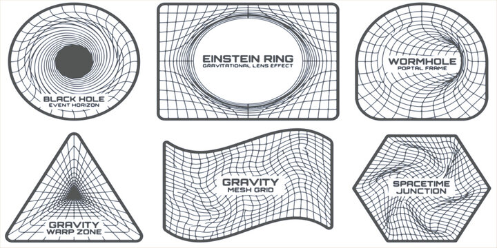 Premium Scientific Wireframe Symbols Set Featuring Gravity Wells, Wormholes and Spacetime Distortion Mesh Designs