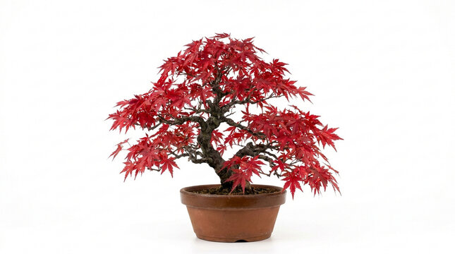 Bonsai tree with vibrant red maple leaves in a ceramic pot isolated on white background
