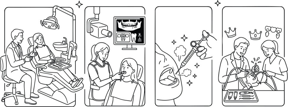 Dental treatment steps set with checkup xray examination anesthesia injection and tooth surgery vector illustration line art.
