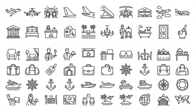 Travel icons depict various transportation modes and landmarks globally.