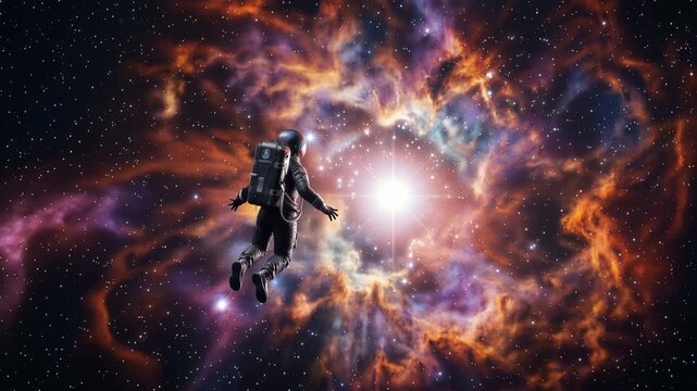 Astronaut floating amidst vibrant cosmic nebula with stars and glowing space elements 4k video