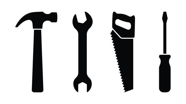 Hand Tools Collection In Black Silhouette tool set hammer wrench