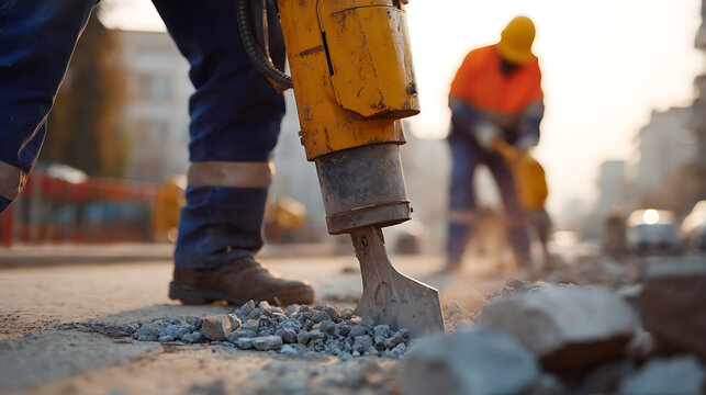 Close-up of a worker use a jackhammer on a street at a construction site with another worker in the blurred background at sunset